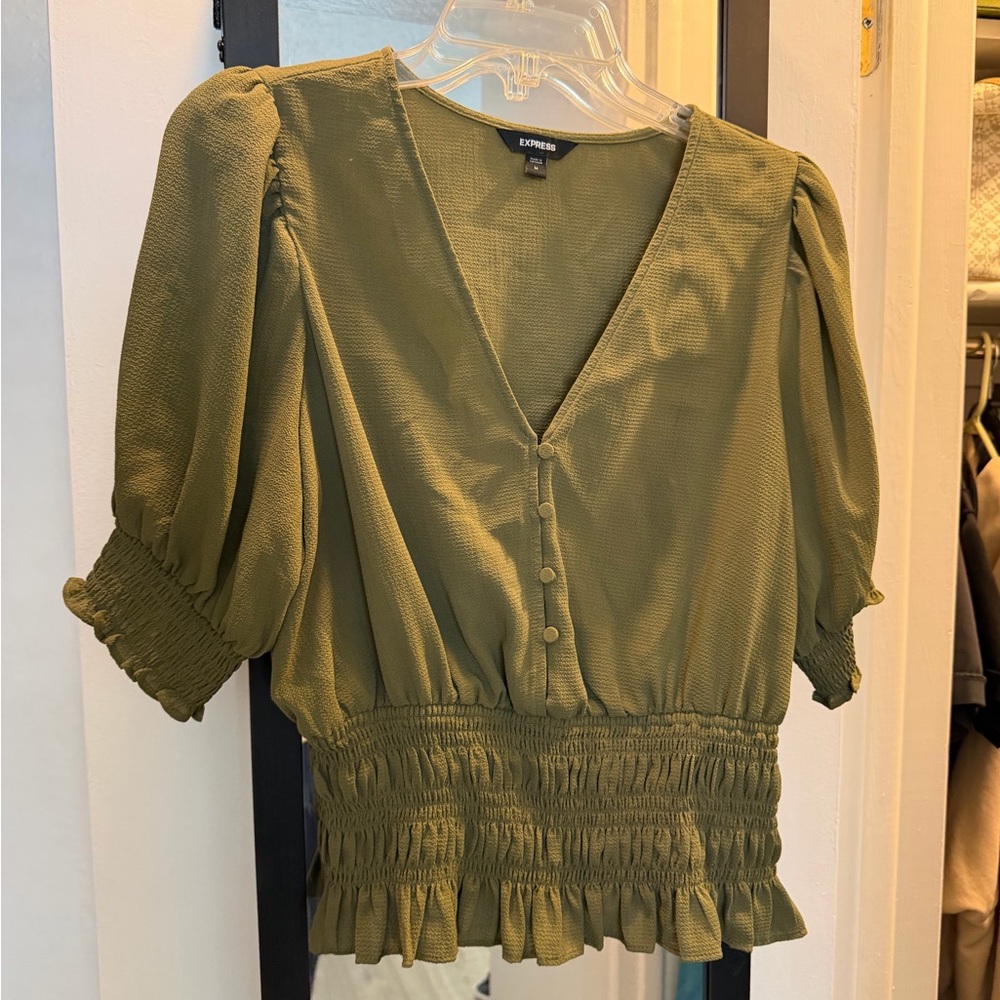 Express Olive Green Smocked Waist V-Neck Blouse
